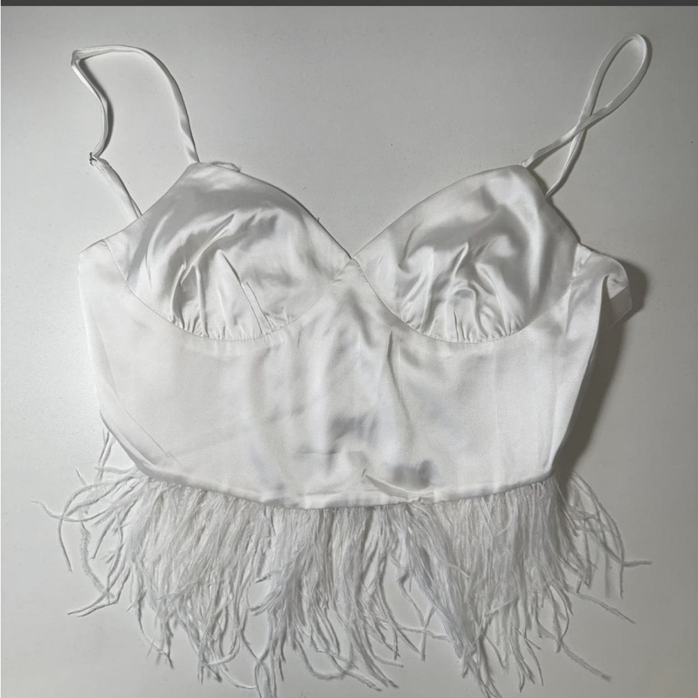 Cotton Candy LA White Feather Trim Satin Crop Top